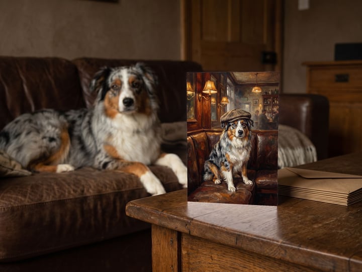 The "Golden Hour" card on a console table with a blue merle Australian Shepherd on the sofa behind