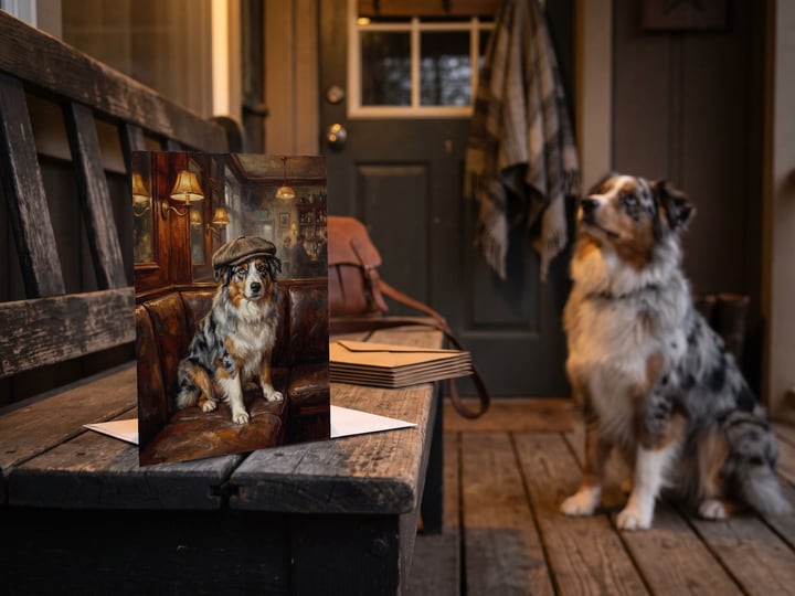 The "Golden Hour" card on a porch bench with a blue merle Australian Shepherd sitting beside it