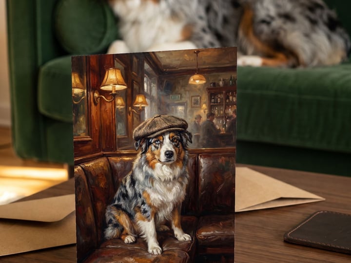 The "Golden Hour" card on a coffee table with a blue merle Australian Shepherd resting on the sofa behind