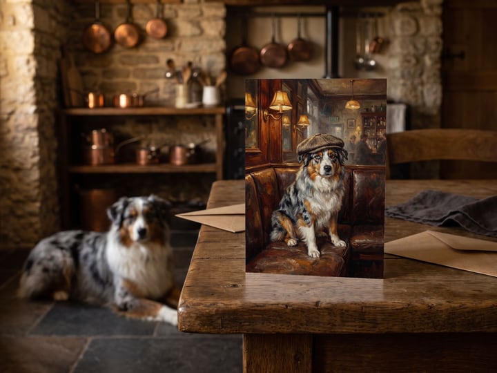 The "Golden Hour" card on a farmhouse table with a blue merle Australian Shepherd on the flagstones behind