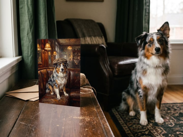 The "Golden Hour" card on a window bench with a blue merle Australian Shepherd sitting behind