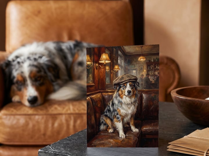 The "Golden Hour" card on a slate side table with a blue merle Australian Shepherd in the club chair behind