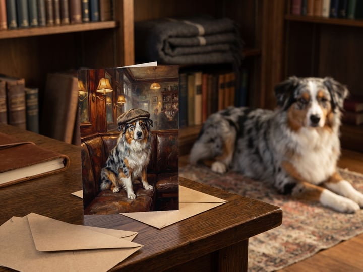 The "Golden Hour" card on a library table with a blue merle Australian Shepherd on the rug behind