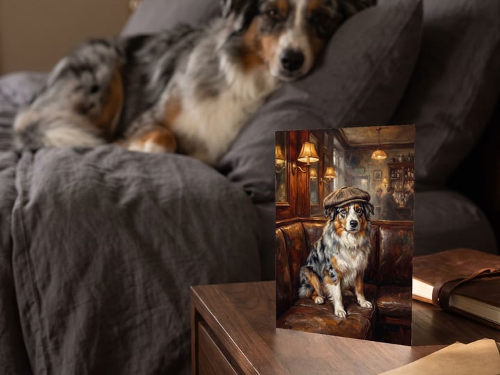 The "Golden Hour" card on a bedside table with a blue merle Australian Shepherd on the bed behind