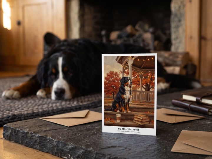 The "The Town Square" card on a stone hearth with a Bernese Mountain Dog lying on the rug behind