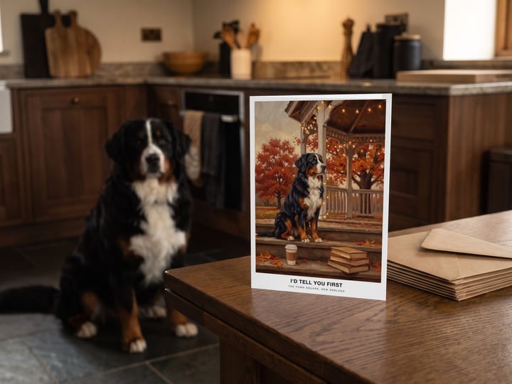 The "The Town Square" card on a kitchen table with a Bernese Mountain Dog sitting on the floor behind