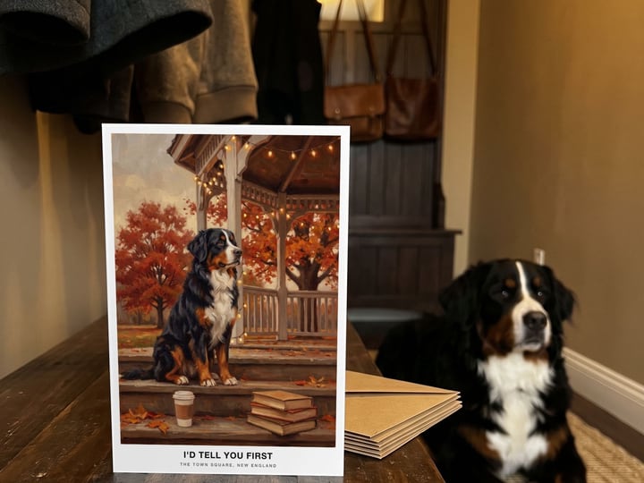 The "The Town Square" card on an entry bench with a Bernese Mountain Dog lying in the hallway behind
