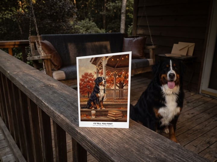The "The Town Square" card on a porch rail with a Bernese Mountain Dog sitting on the porch behind