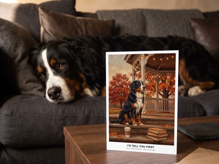 The "The Town Square" card on a coffee table with a Bernese Mountain Dog stretched along the sofa behind