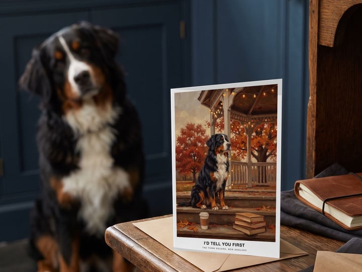 The "The Town Square" card on a kitchen dresser with a Bernese Mountain Dog sitting on the tiles behind