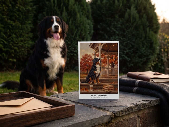 The "The Town Square" card on a garden wall with a Bernese Mountain Dog sitting on the grass behind