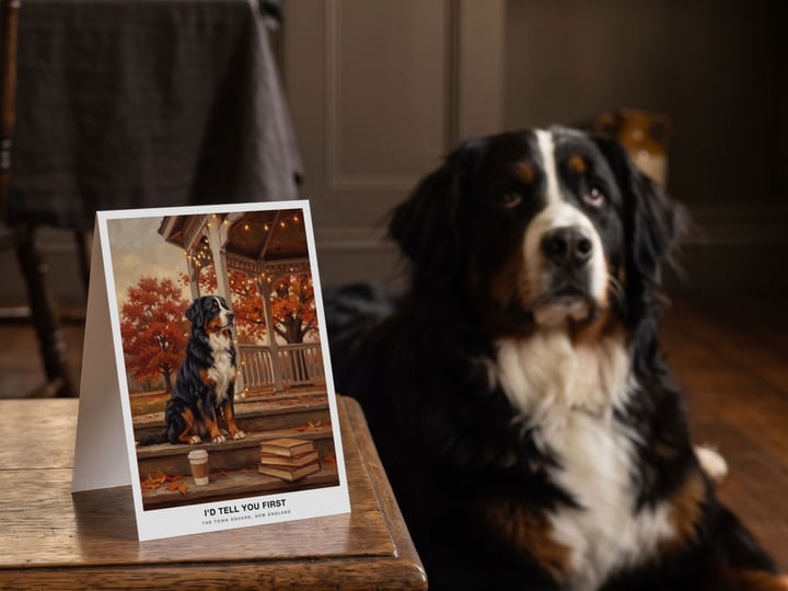 The "The Town Square" card on a sideboard with a Bernese Mountain Dog lying on the floor behind