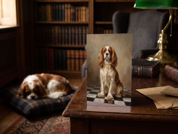 The "The Aristocrat" card on a mahogany desk with a Cavalier King Charles Spaniel on a cushion behind