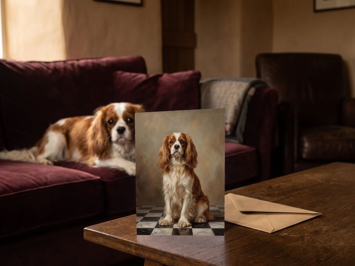 The "The Aristocrat" card on a low table with a Cavalier King Charles Spaniel on the velvet sofa behind