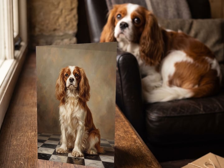 The "The Aristocrat" card on a ledge with a Cavalier King Charles Spaniel in the armchair behind