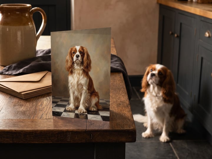 The "The Aristocrat" card on a kitchen counter with a Cavalier King Charles Spaniel on the floor behind