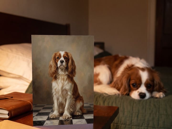 The "The Aristocrat" card on a bedside table with a Cavalier King Charles Spaniel on the quilt behind