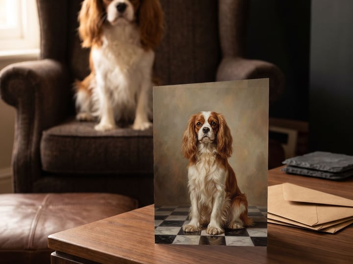 The "The Aristocrat" card on a side table with a Cavalier King Charles Spaniel in the wingback chair behind