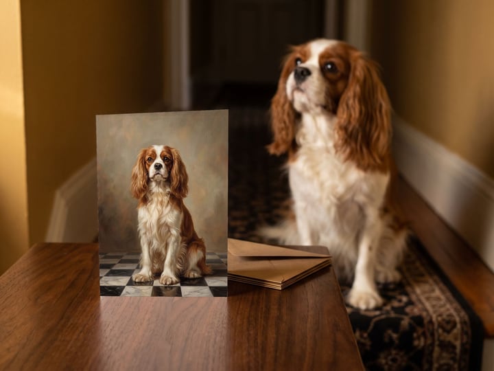 The "The Aristocrat" card on a hall table with a Cavalier King Charles Spaniel sitting on the runner behind