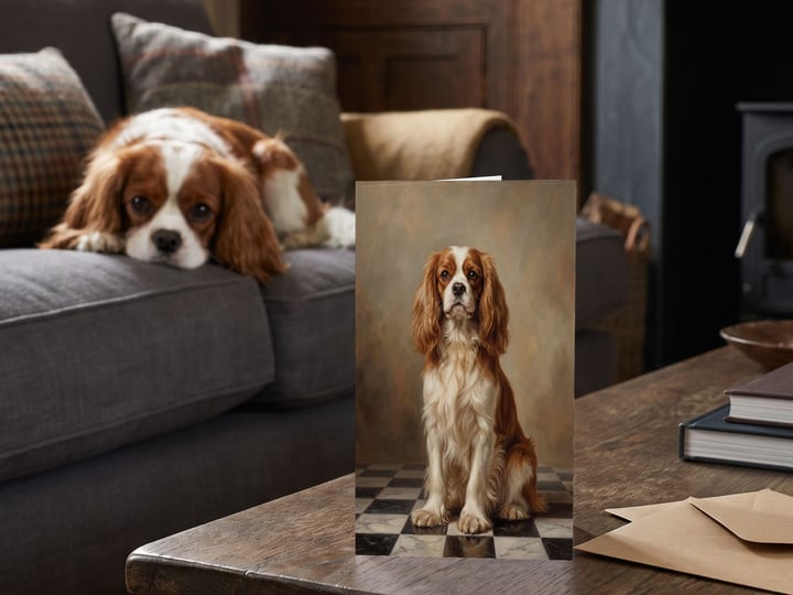 The "The Aristocrat" card on a coffee table with a Cavalier King Charles Spaniel on the sofa behind