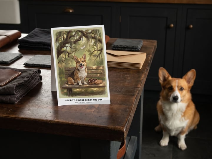 The "The Bench in Savannah" card on a kitchen island with a Pembroke Welsh Corgi sitting on the floor behind