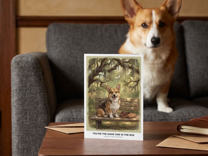 The "The Bench in Savannah" card on a low table with a Pembroke Welsh Corgi sitting on the sofa behind