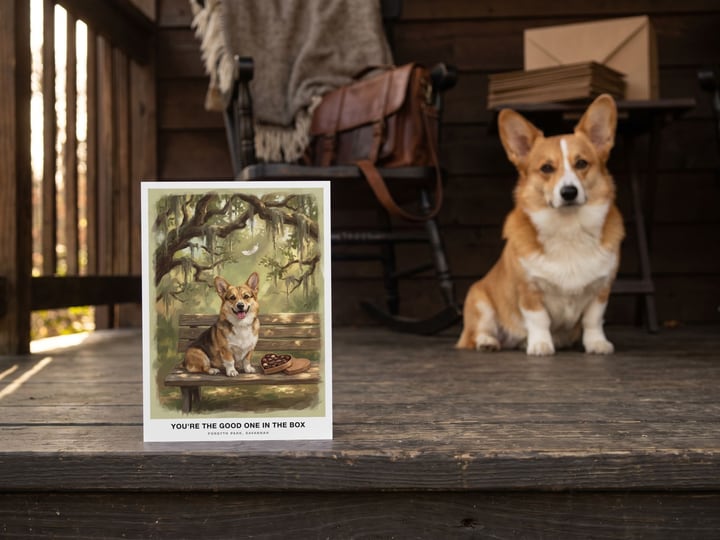 The "The Bench in Savannah" card on a porch step with a Pembroke Welsh Corgi sitting on the porch behind