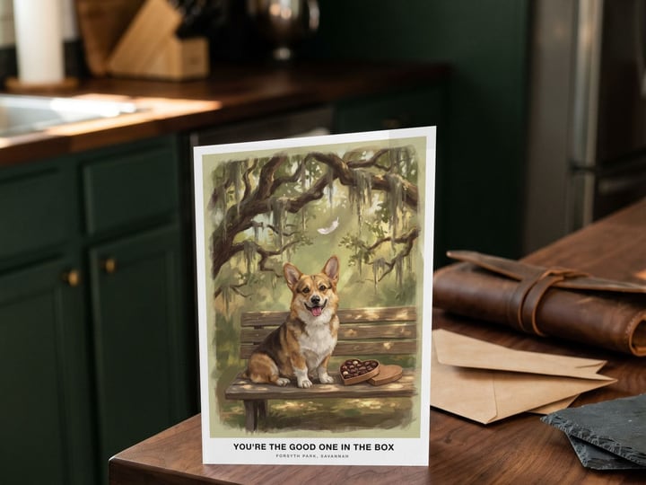 The "The Bench in Savannah" card on a kitchen island with a Pembroke Welsh Corgi on the floor behind