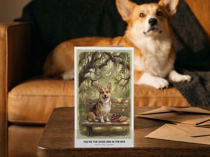 The "The Bench in Savannah" card on a coffee table with a Pembroke Welsh Corgi lying on the sofa behind