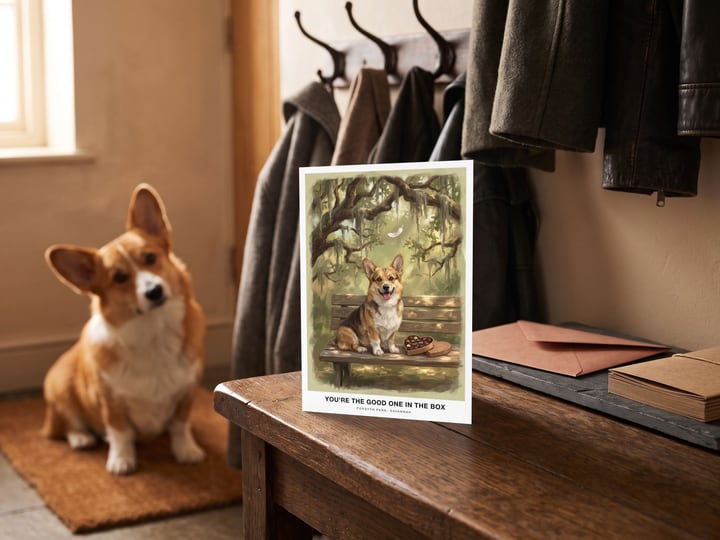 The "The Bench in Savannah" card on a mudroom bench with a Pembroke Welsh Corgi on the mat behind