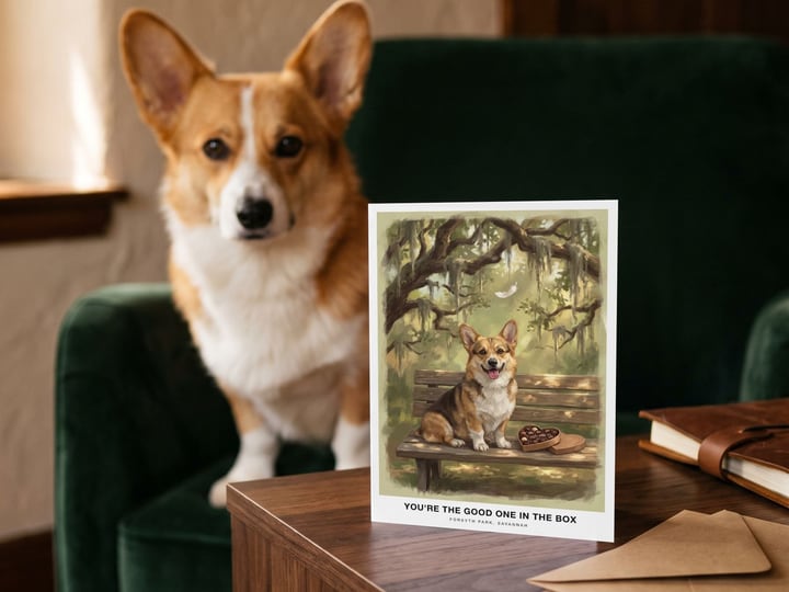The "The Bench in Savannah" card on a side table with a Pembroke Welsh Corgi in the velvet armchair behind