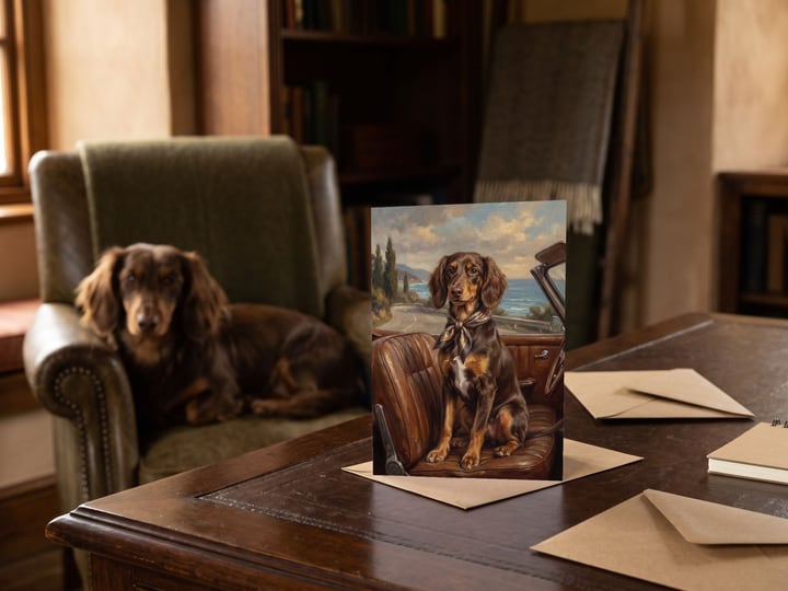 The "Riding Shotgun" card on a leather desk with a long-haired Dachshund curled in the chair behind