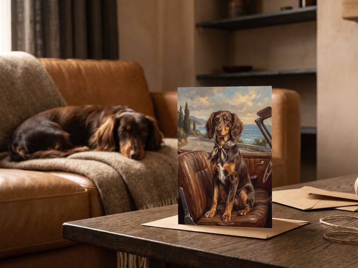 The "Riding Shotgun" card on a coffee table with a long-haired Dachshund on the sofa behind