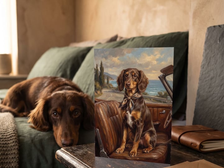 The "Riding Shotgun" card on a bedside table with a long-haired Dachshund on the bed behind