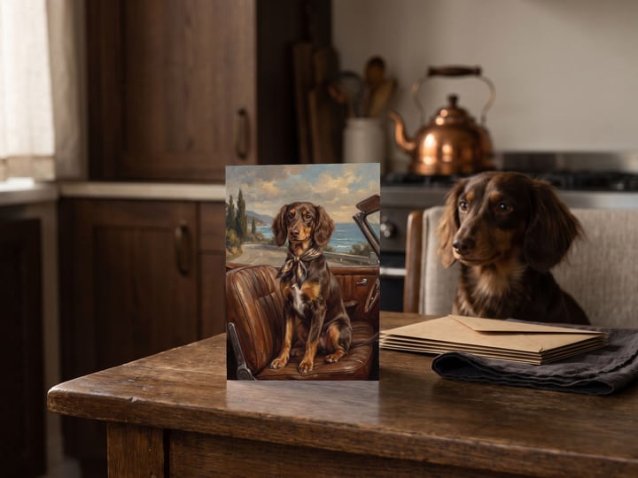 The "Riding Shotgun" card on a kitchen table with a long-haired Dachshund on a chair behind