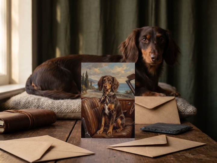 The "Riding Shotgun" card on a window bench with a long-haired Dachshund lying along the cushion behind