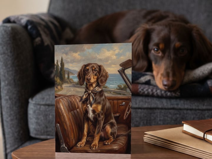 The "Riding Shotgun" card on a side table with a long-haired Dachshund curled in the armchair behind