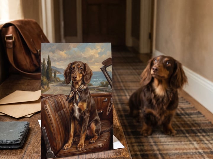 The "Riding Shotgun" card on an entry bench with a long-haired Dachshund sitting on the runner behind