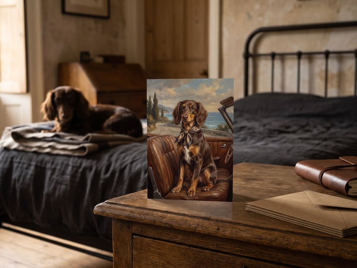The "Riding Shotgun" card on a dresser with a long-haired Dachshund on the bed behind