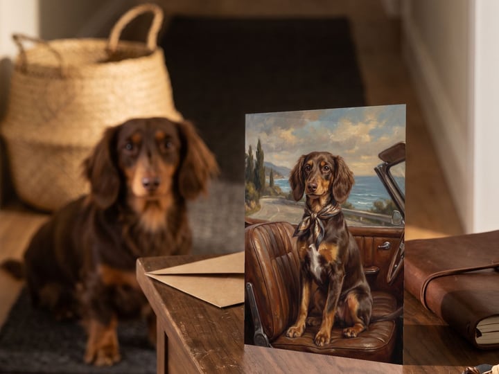 The "Riding Shotgun" card on a hall console with a long-haired Dachshund on the runner behind