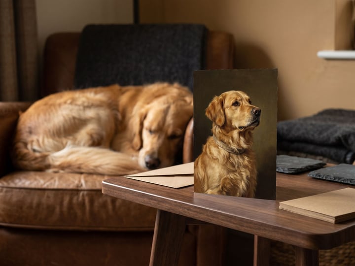 The "The Keepsake" card on a side table with a Golden Retriever curled in the armchair behind