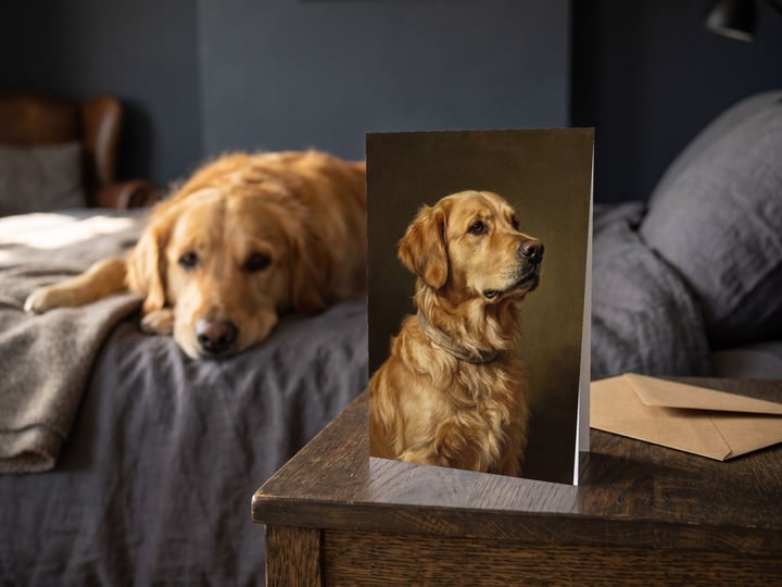The "The Keepsake" card on a bedside table with a Golden Retriever lying on the bed behind