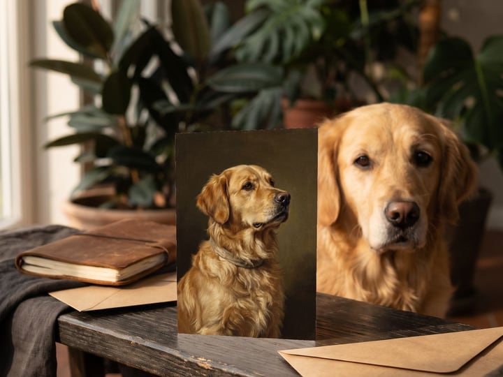 The "The Keepsake" card on a sunroom bench with a Golden Retriever sitting behind it