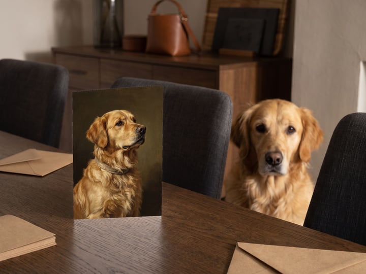 The "The Keepsake" card on a dining table with a Golden Retriever sitting behind