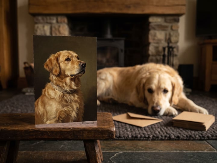The "The Keepsake" card on a hearth bench with a Golden Retriever on the rug behind