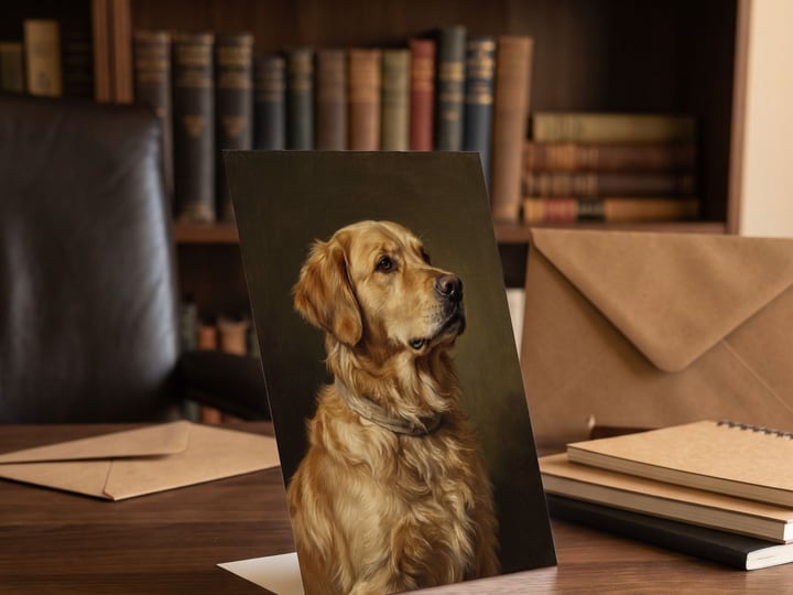 The "The Keepsake" card on a writing desk with a Golden Retriever lying on the floor behind