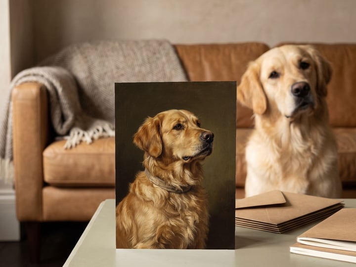 The "The Keepsake" card on a sage side table with a Golden Retriever sitting on the sofa behind
