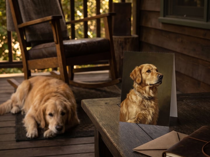 The "The Keepsake" card on a porch table with a Golden Retriever lying on the boards behind