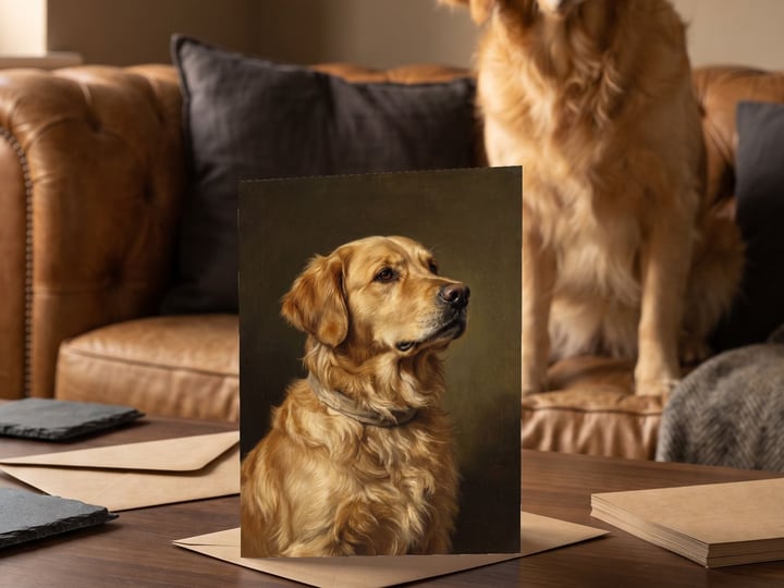 The "The Keepsake" card on a coffee table with a Golden Retriever on the chesterfield behind