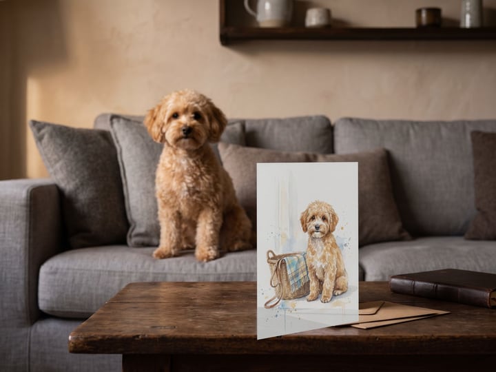 The "Welcome Home" card on a coffee table with an apricot Maltipoo on the sofa behind